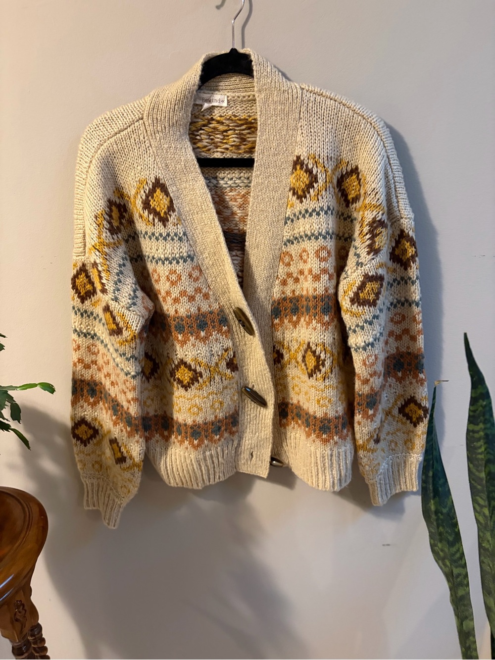 Rewind Cream Fair Isle Button Cardigan with Mustard & Brown Accents